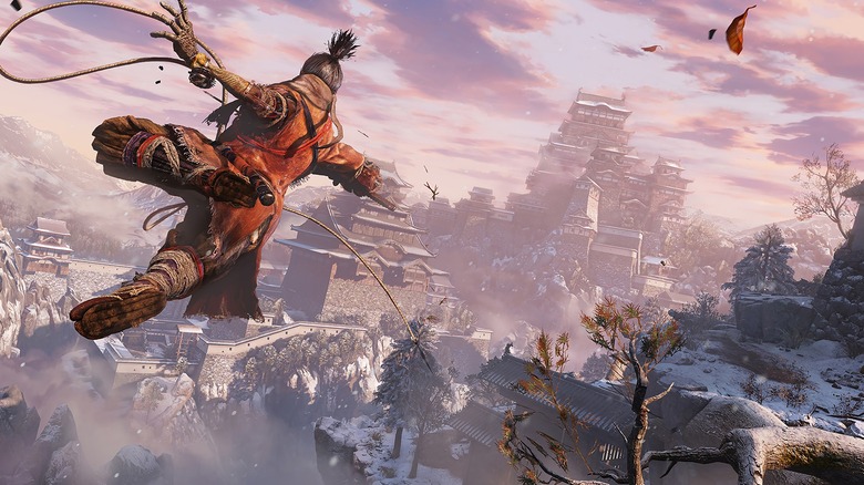 Wolf using his grappling hook in Sekiro Shadows Die Twice