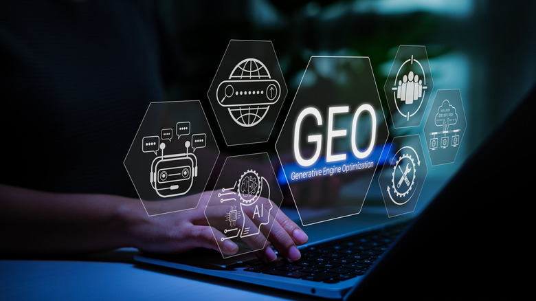 A hand types on a computer while a futuristic graphic showcasing generative engine optimization