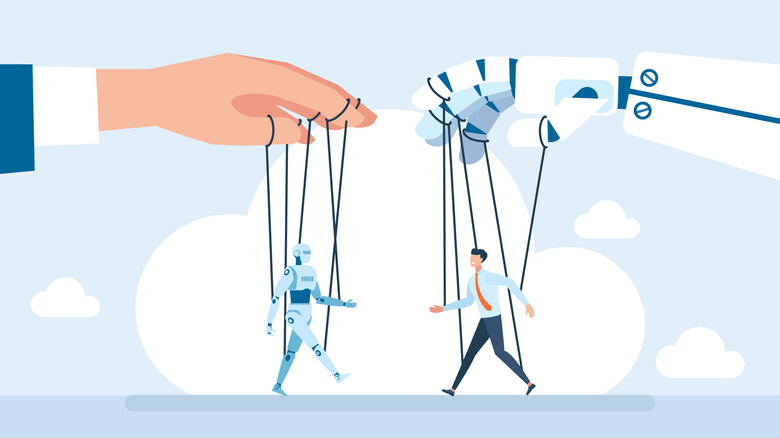 A graphic shows the puppets of an autonomous robot and a businessman controlled by a human and robot hand, respectively.