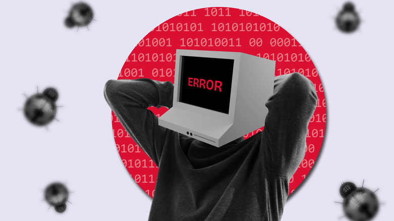 A man's head is replaced by a desktop computer, with the word ERROR written in read across its black screen.