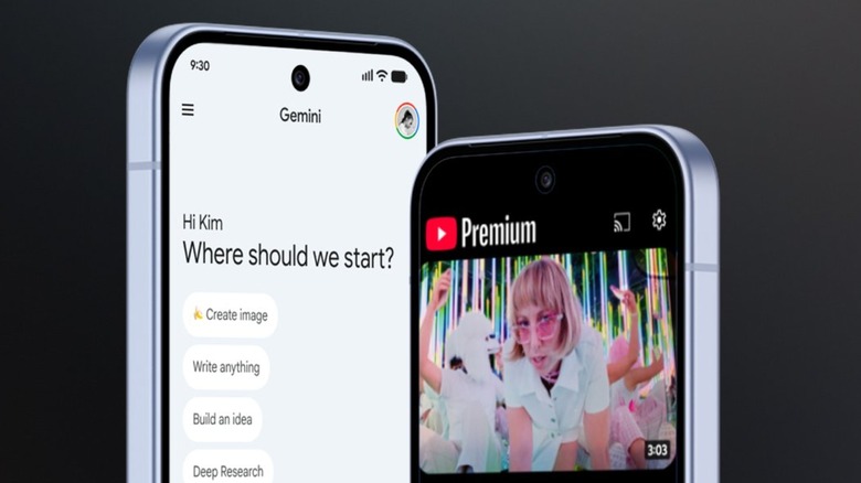 A promotional photo showing two different phones, one displaying YouTube Premium while the other displays Google Gemini