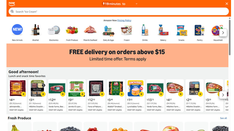 Amazon Now order page on the Amazon website showing delivery estimate time and offerings