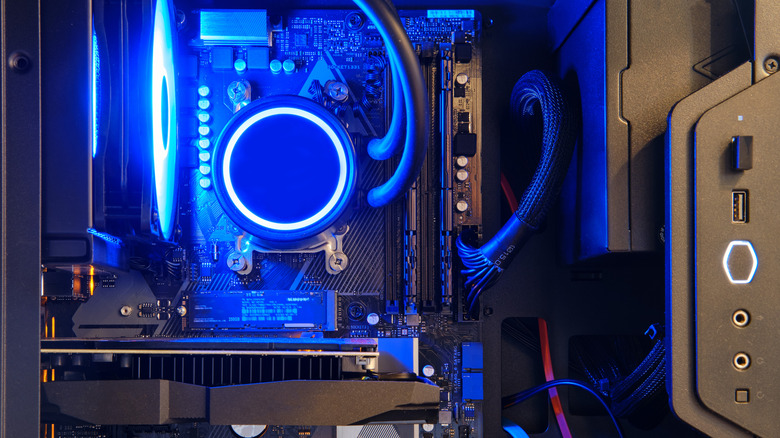 A close up of a liquid cooling system inside a computer case