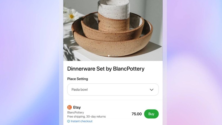 Still from video showing how Instant Takeout works in ChatGPT, still shows user purchasing pottery off of Etsy