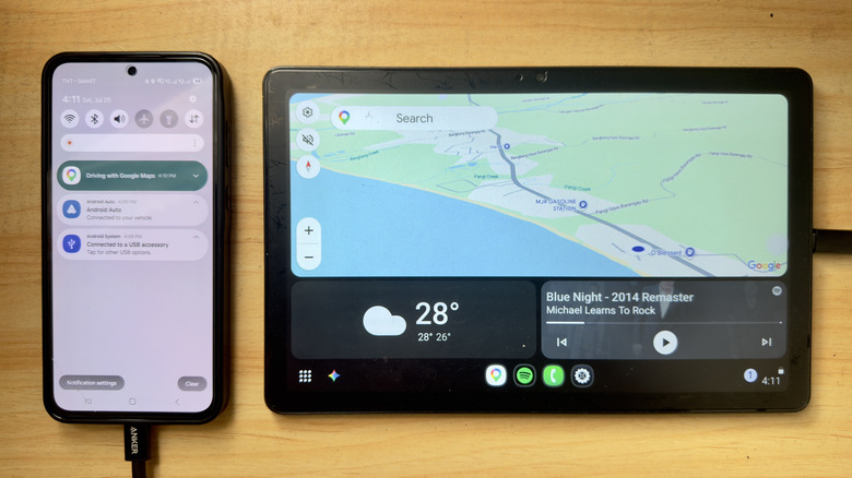 Android phone connected to old Android tablet running Android Auto