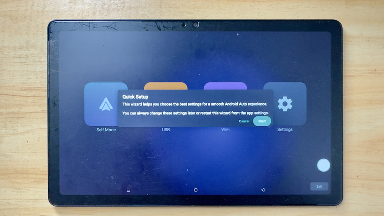 Old Android tablet showing Quick Setup Wizard for Headunit Revived