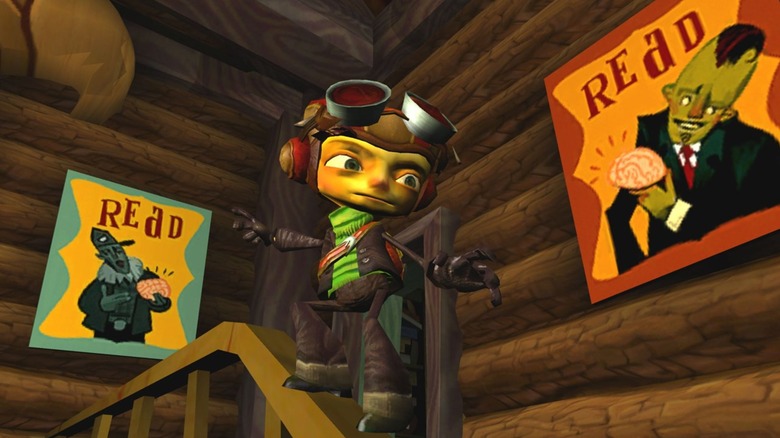 Razputin sledding down stairs in Psychonauts