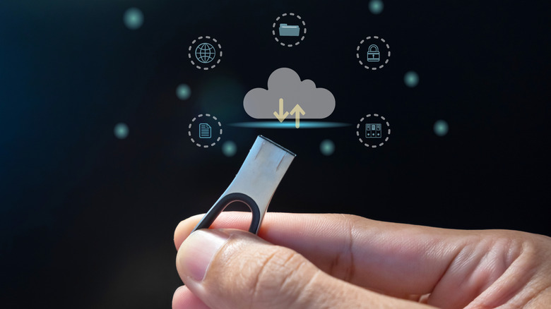 Cartoon cloud image above a USB drive