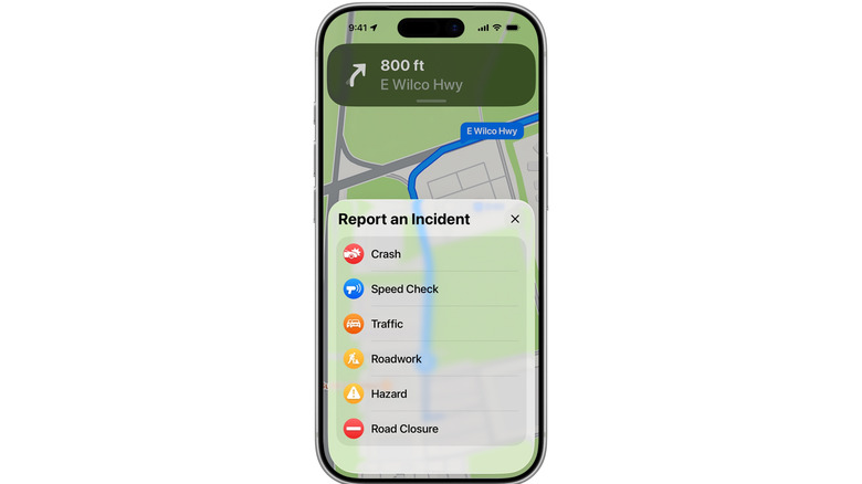 The Report an Incident menu in Apple Maps.