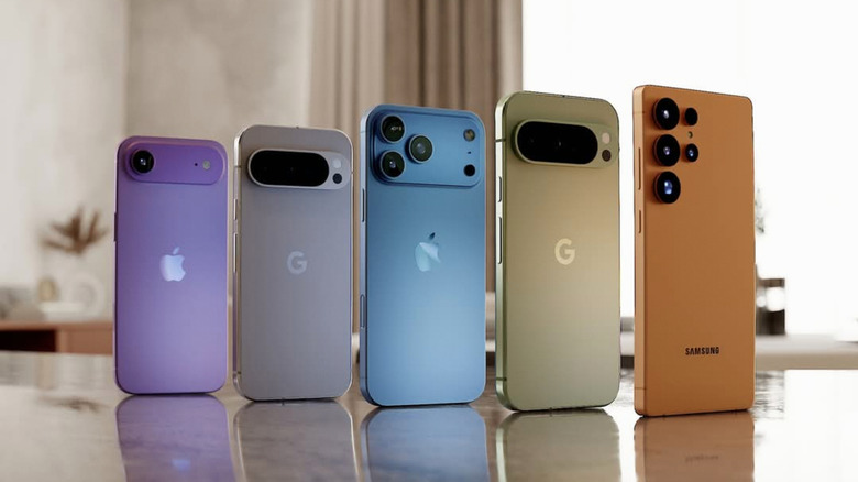Five different iPhone and Android devices standing up right in a row from smallest to largest