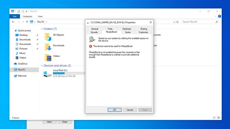 Screenshot of Windows 11 computer with ReadyBoost menu open showing device cannot use it
