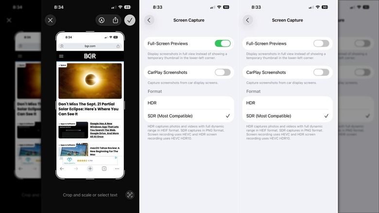 Full screen previews for screenshot settings in Apple iOS 26