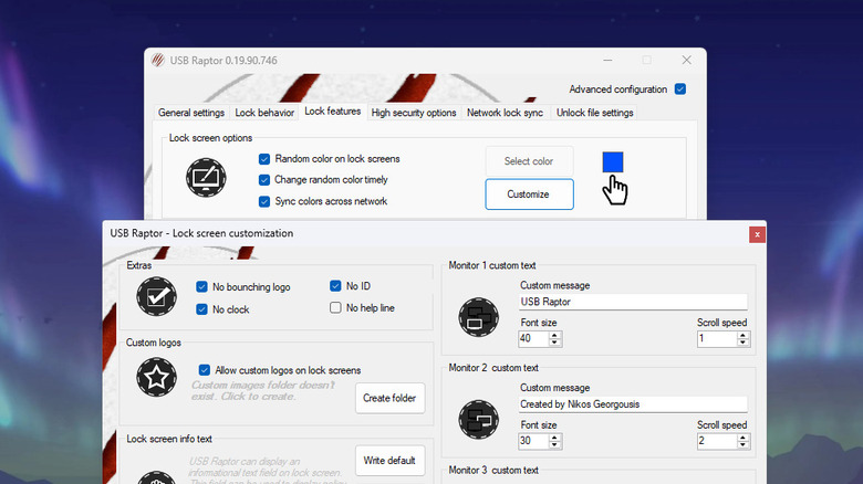 The USB Raptor lock screen customization window is displayed.
