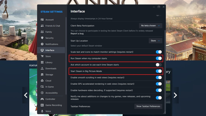 Desktop showing Steam Settings window on the Interface menu