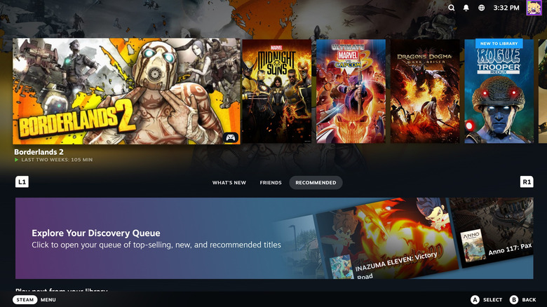 Steam's Big Picture Mode menu showing games recently played.