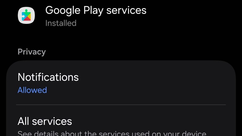 Google Play Services app information page on Samsung