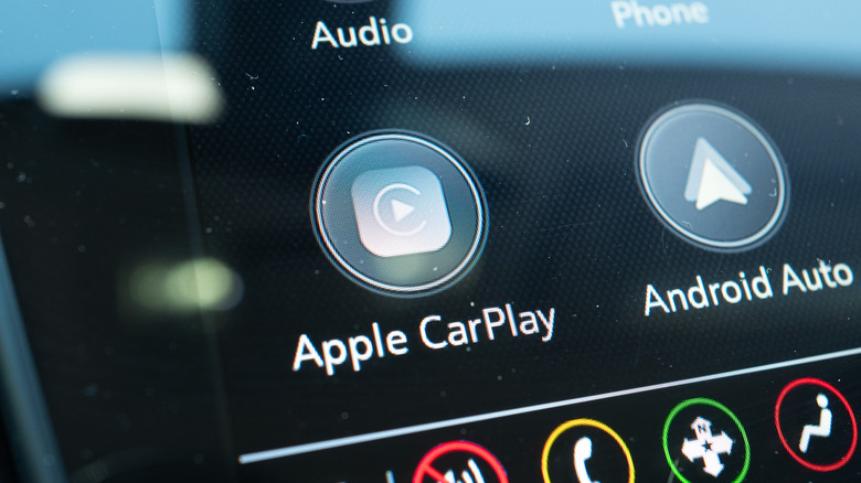 Closeup of CarPlay icon on a vehicle infotainment screen