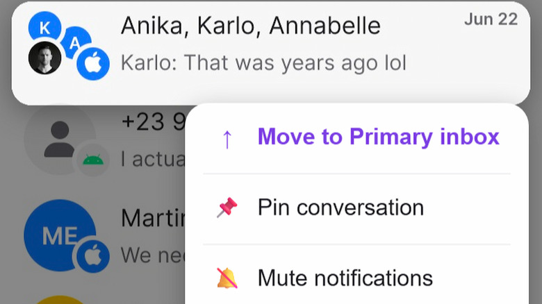 A highlighted Sunbird chat, showing the menu of options