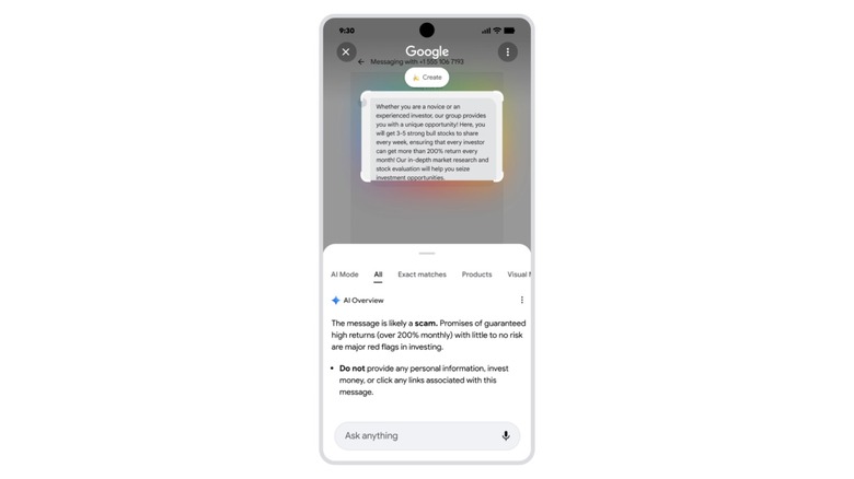 Still of Google's Circle to Search showing scam text message information on a smartphone.