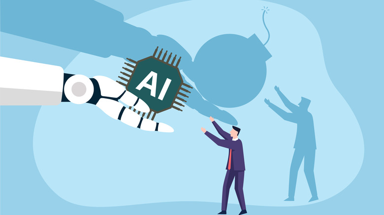 A robot hands a man an AI chip whose shadow is revealed to be a bomb.