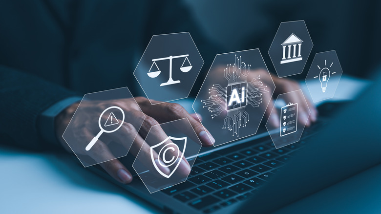 A man types on a keyboard, where symbols representing AI, regulations, privacy concerns, and other key considerations appear.