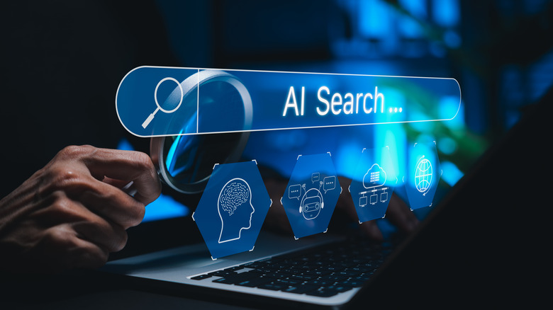A search bar that reads "AI search" with icons of a brain, cloud, and other AI-related imagery being examines by someone with a magnifying glass