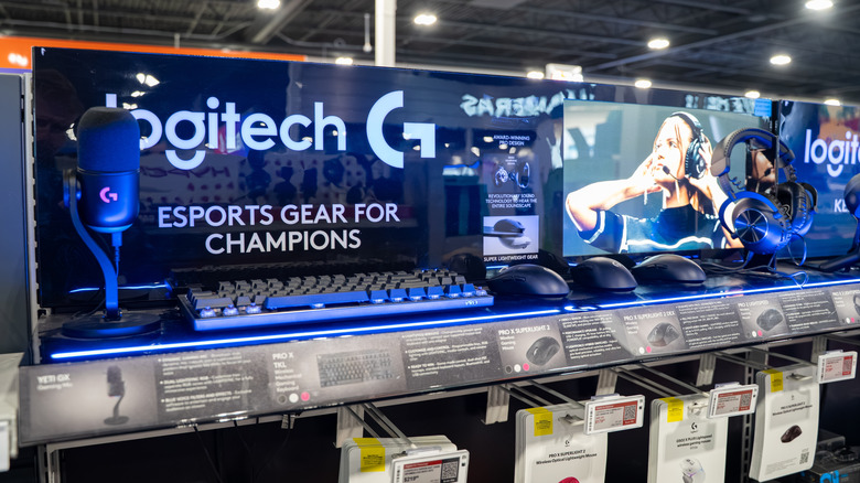 Logitech G mice, monitors, keyboards, and microphones in an electronics store