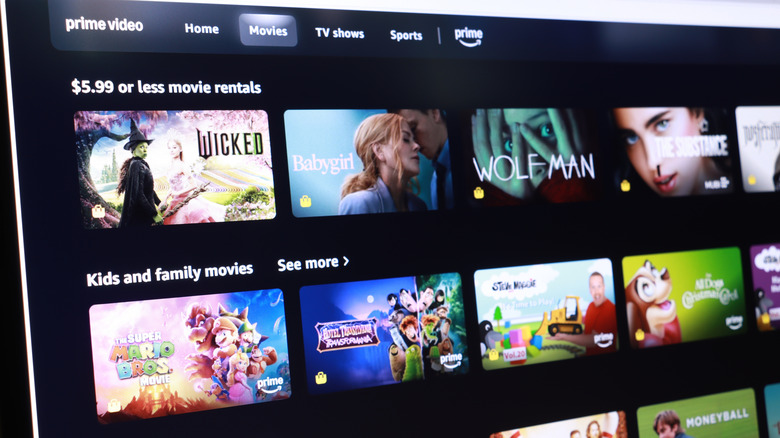 The Prime Video Movies menu displaying movie rentals and family titles.