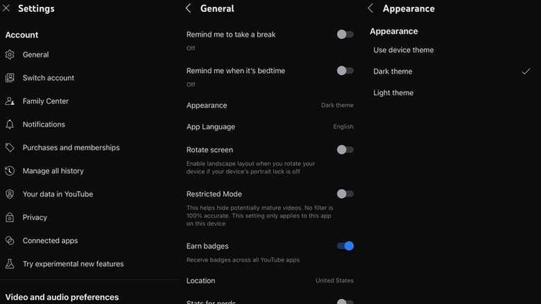 Showcasing the Settings, General, and Appearance menus within the YouTube app for iPhone