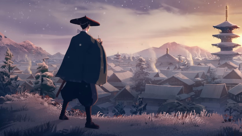 The Blue Eye Samurai standing on a hill, eyes on a snowy town.