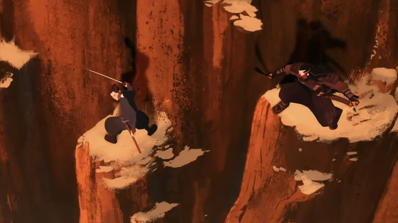 Two samurai standing on rocks by a mountain.