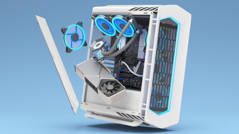 A 3D rendering of a PC with its internal components flying out from it