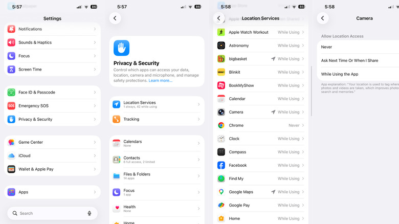 The steps to disable location metadata for captured photos on iOS