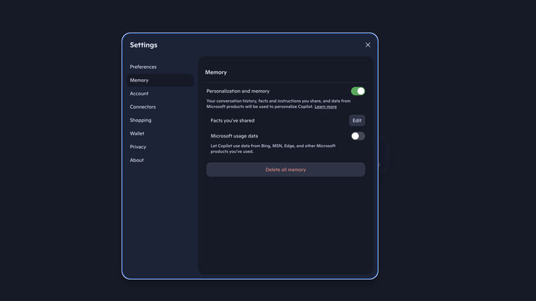 Screenshot of the Memory settings page in Microsoft Copilot showing the Microsoft usage data option toggled off.