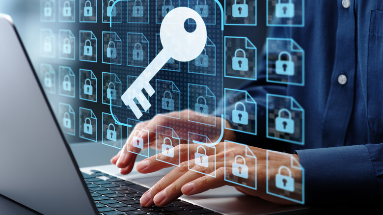Conceptual image of a key in front of file icons for encrypted storage