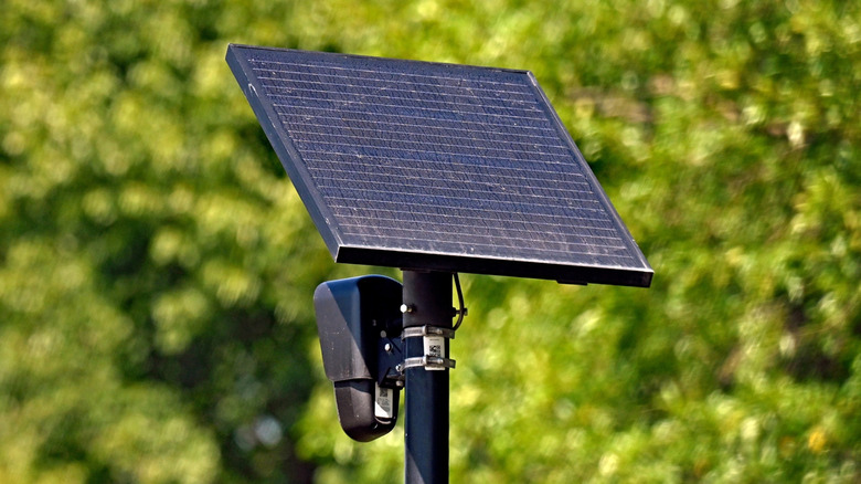 A Flock automated license plate readers (ALPR) camera as sits on a pole, the device has a sizable solar panel attached to it to keep the device powered