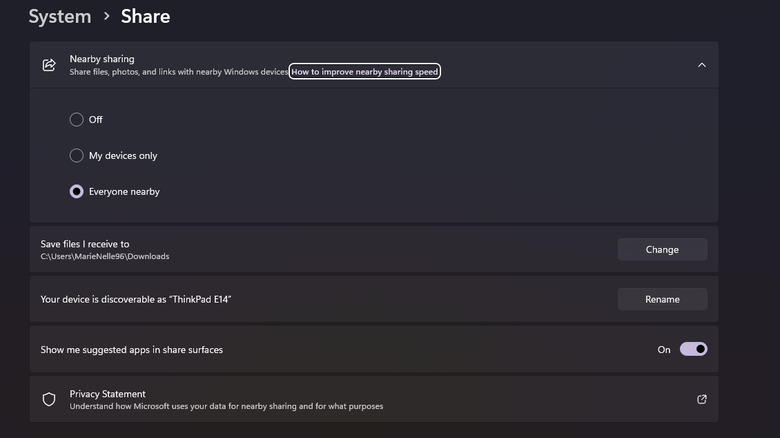 Nearby Sharing setup on Windows 11 settings