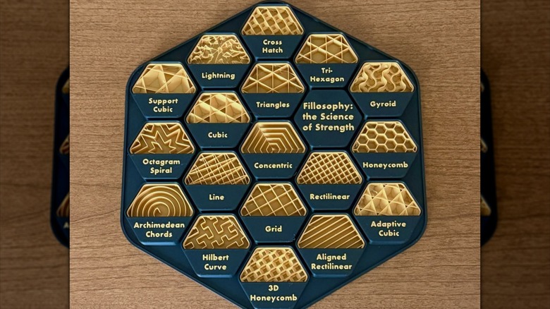Various examples of infill patterns in a hexagonal display.