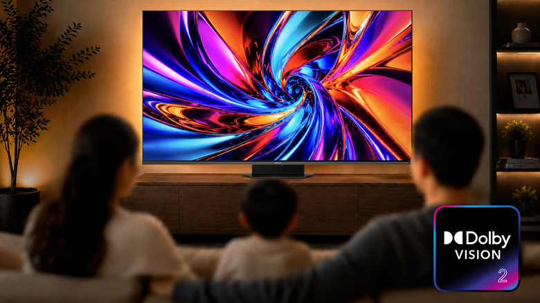 A family gathered around a living room TV. The Dolby Vision 2 logo is displayed bottom-right.
