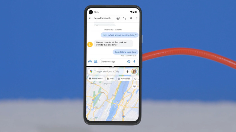 An Android phone showing two apps in split-screen mode