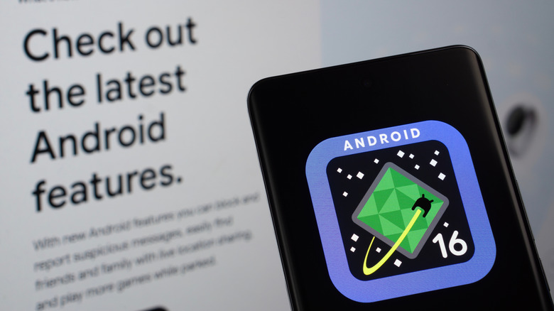 Android 16 latest update logo with new features announcement in the background