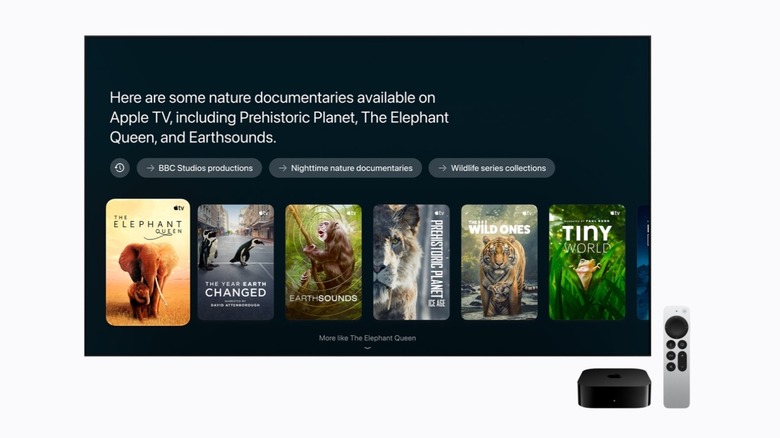 A TV with Siri AI information alongside an Apple TV and a remote