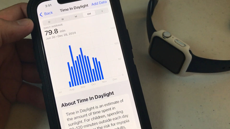 Hand holding iPhone showing Time in Daylight with Apple Watch in the background