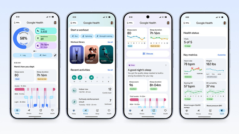 Four screenshot images of the Google Health app showing different dashboards.