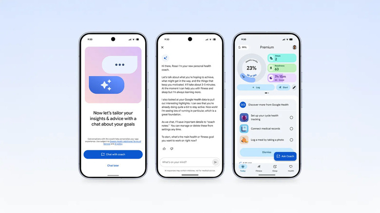 Three screenshot images showing Google Health Coach screens.