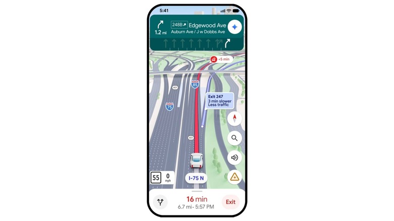 video still showing how google maps immersive navigation will now help you find alternate routes based on current traffic information
