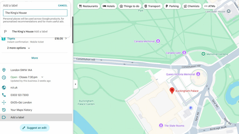 Google Maps showing Buckingham Palace in London, with the 'Add a label' text box option open, it reads 'The King's House'