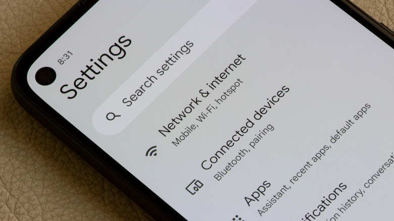 list of settings on a Google Pixel device showing connected devices option and more