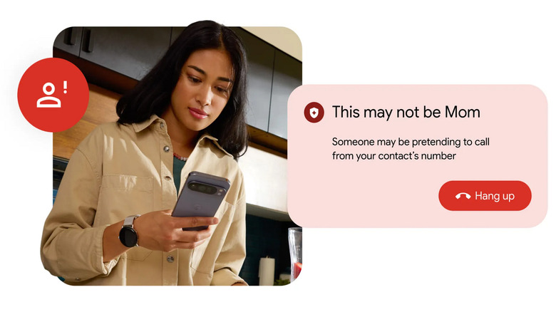 A woman holding a smartphone with a text bubble demonstrating the fake call detection feature