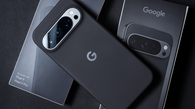 A Pixel 9 Pro in a case sitting on a box.